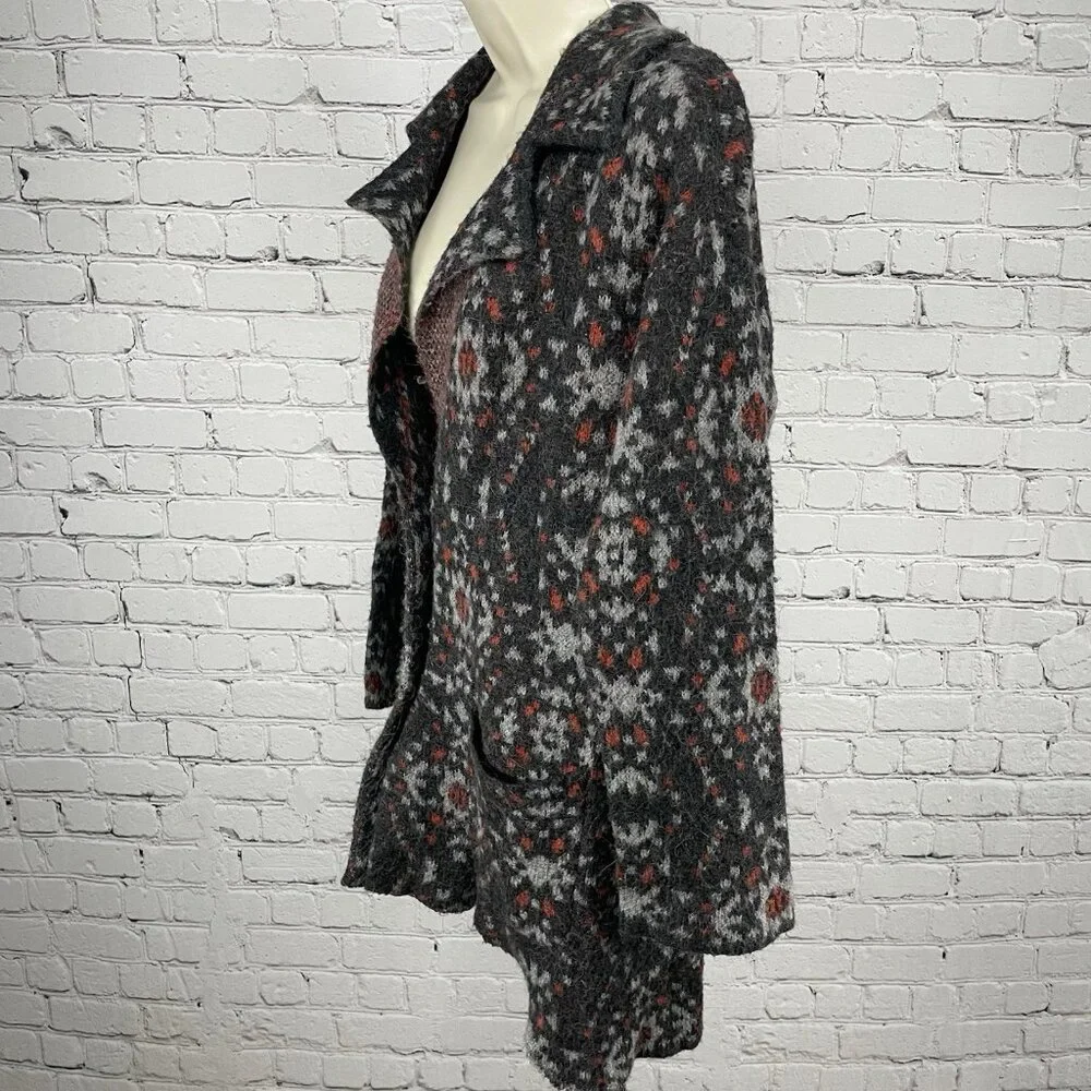 Free People Grey Print Wool Alpaca Blend Button Up Collar Cardigan Size Medium M